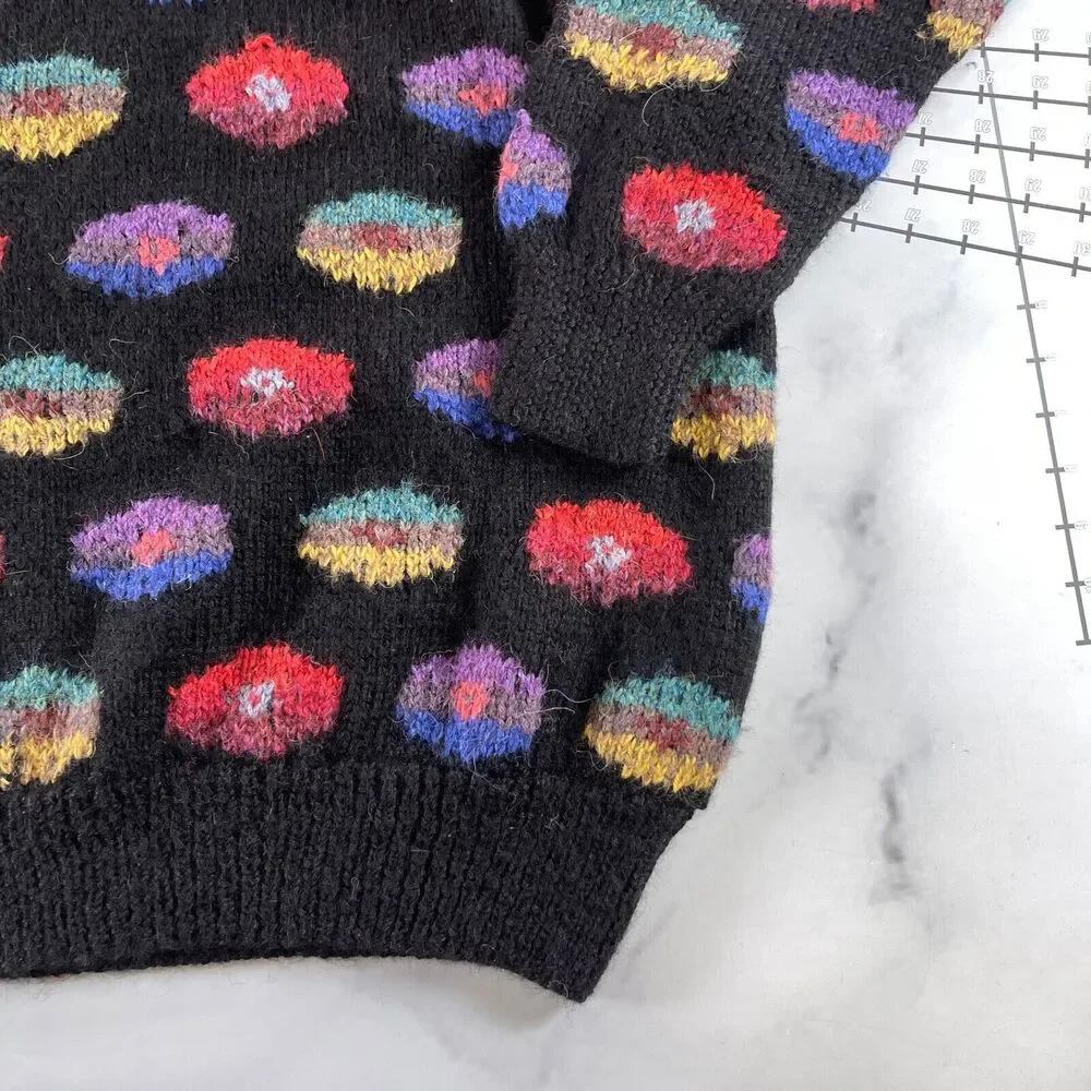 Vintage Peruvian Connection Sweater Womens Extra Large Black Pastel Floral - Picture 9 of 14